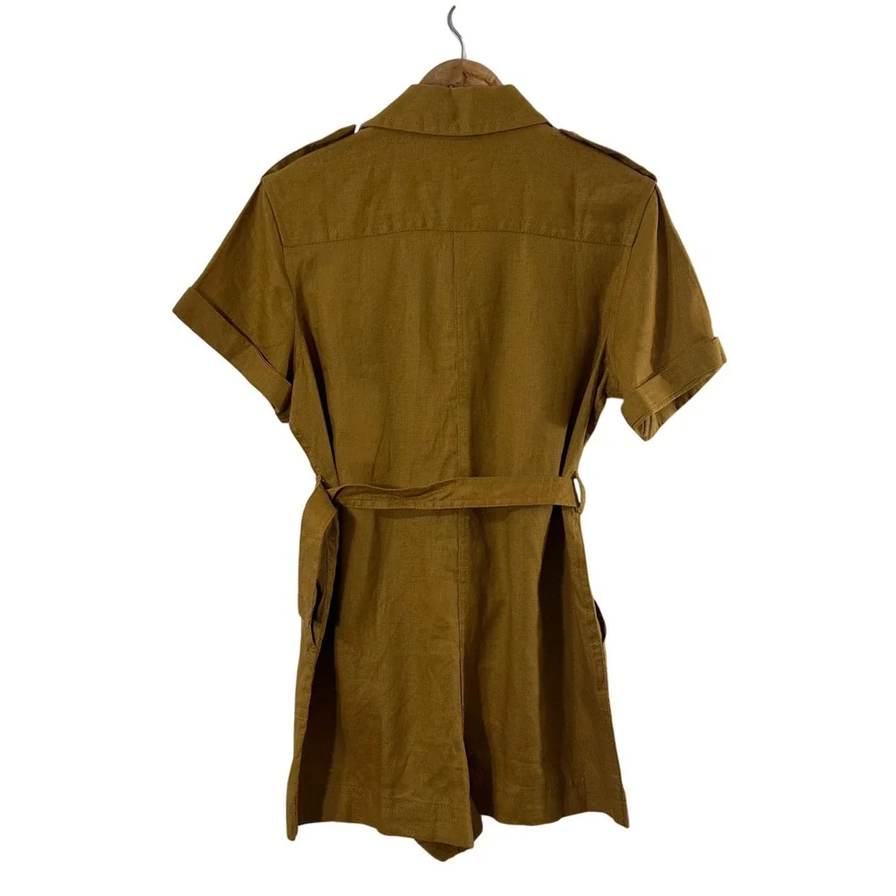Banana Republic Womens Petite S 100% Linen Utility Romper Ochre Brown NEW